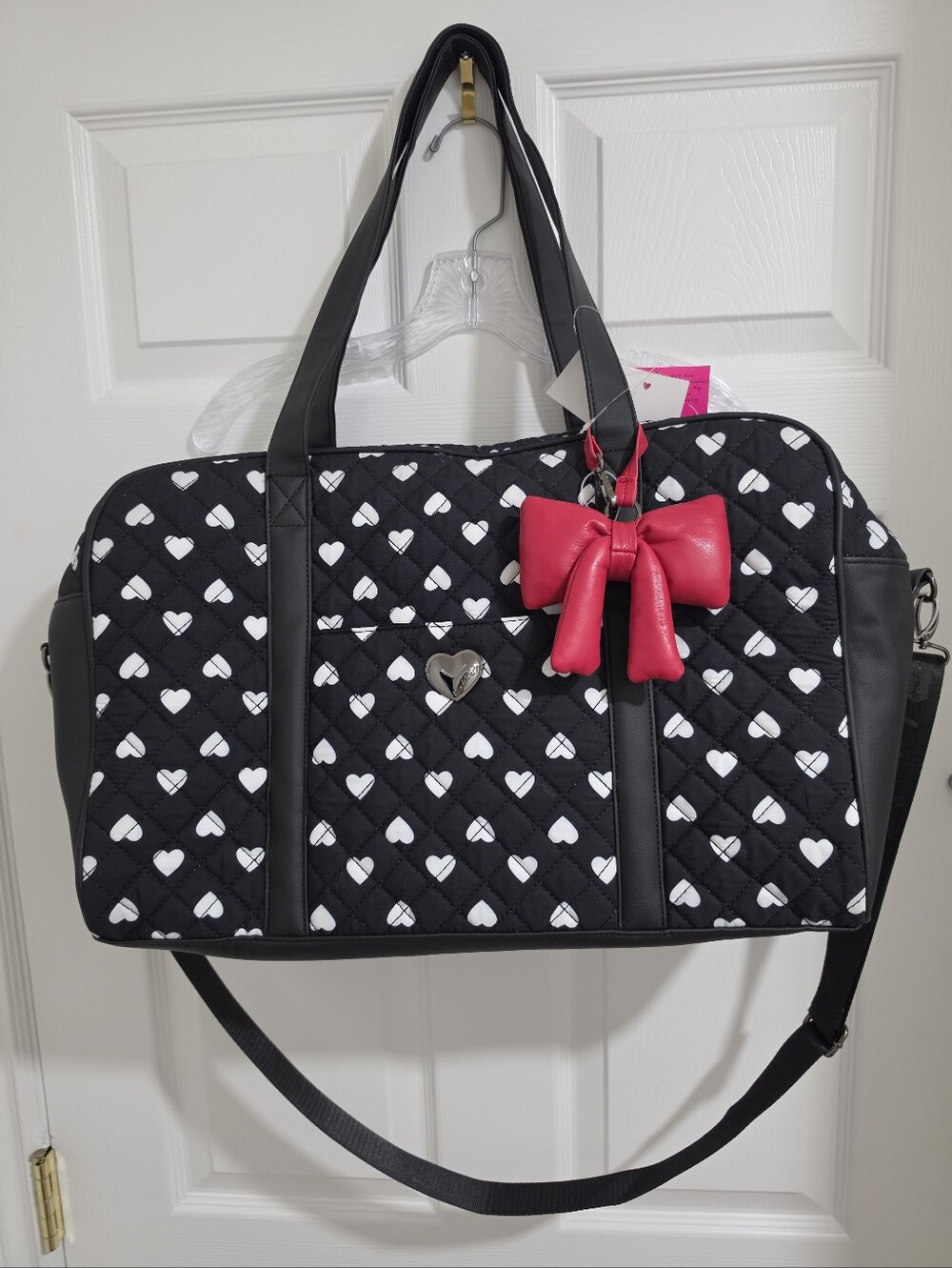 Betsey Johnson Black Quilted Heart Travel Tote with Pink Bow Charm